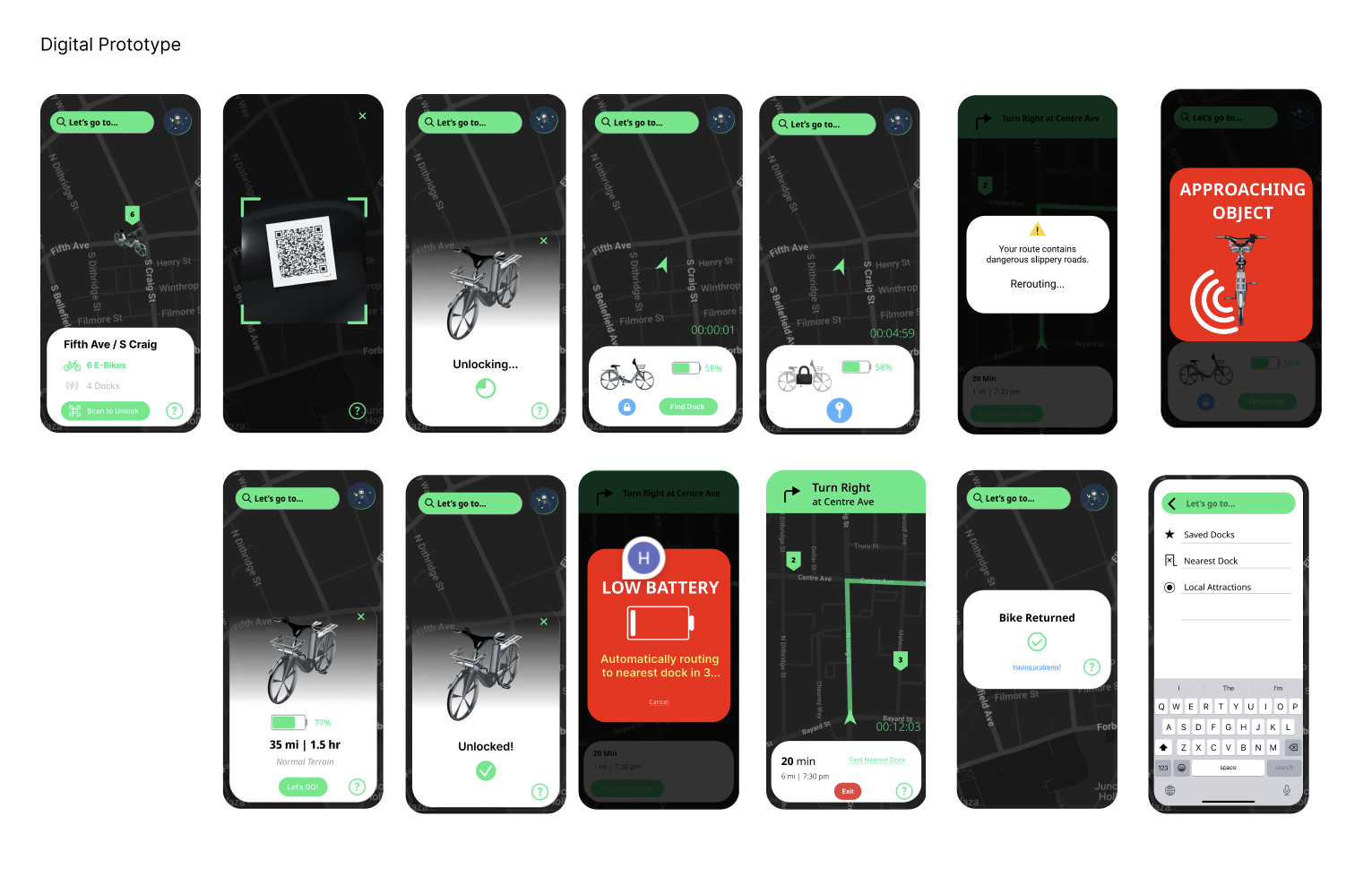 Autonomous e-bike finalized app UI screens