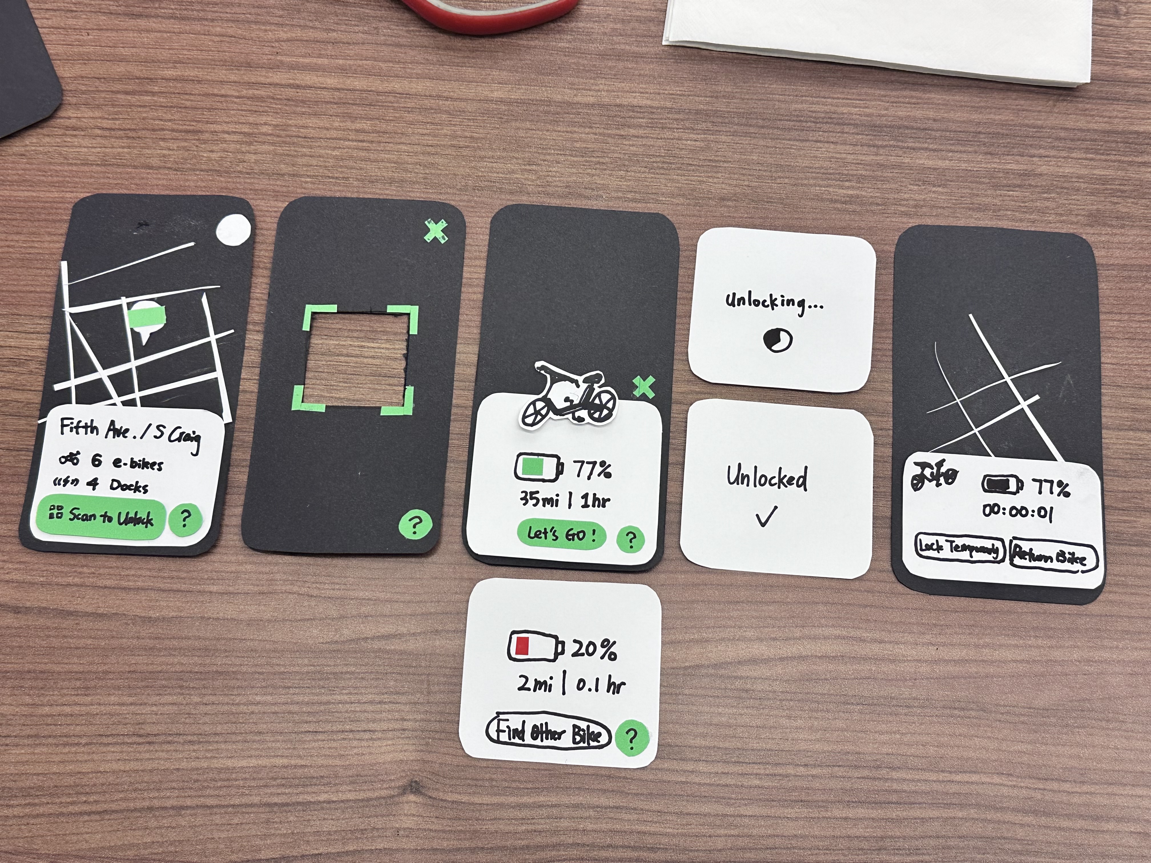 Autonomous e-bike paper prototype app interface screens