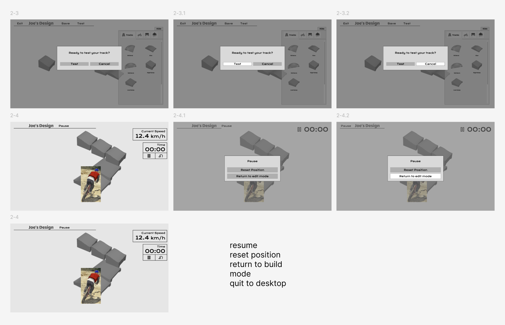 ByteMX Figma UI iteration screens for test and ride flow